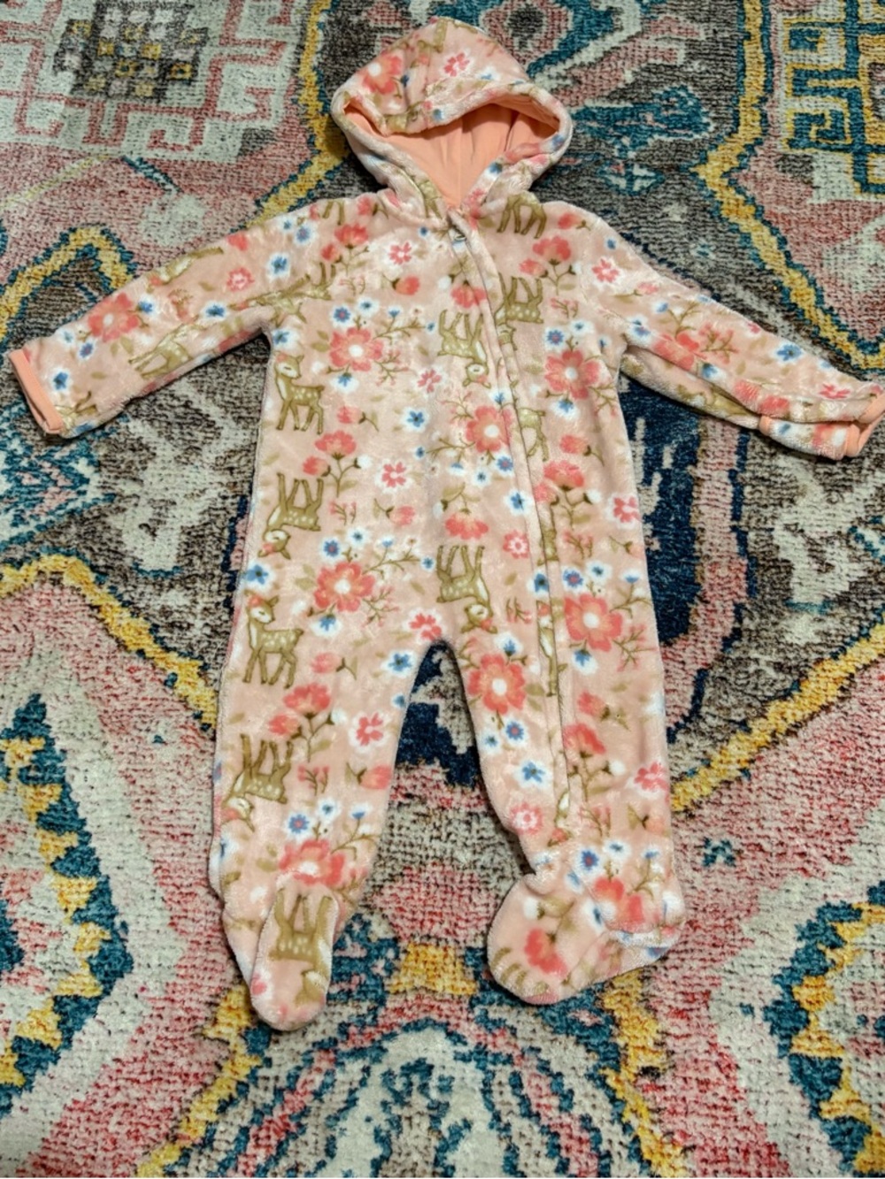 Cozy Pink Floral & Deer Hooded Baby Footie